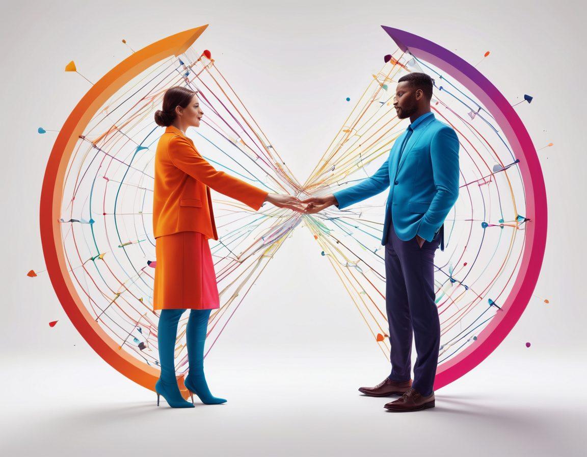 A vibrant, interactive scene depicting two people connecting through colorful lines and nodes, symbolizing relationships being built with jsPlumb, filled with elements like flowing arrows and interconnected paths. The background features abstract shapes and soft gradients to evoke creativity and passion in networking. super-realistic. vibrant colors. white background.